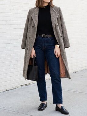 Vintage Wool Peacoat Taupe Brown Double Breasted Coat Minimalist Quiet Luxury